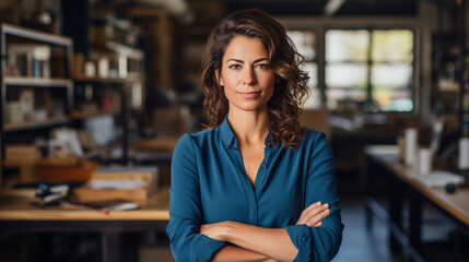 Obraz premium a confident Latin middle-aged businesswoman stands in her office with her arms crossed, looking directly at the camera for a portrait