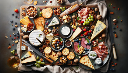 Professional top-down view of a gourmet cheese and charcuterie board with a variety of cheeses, cured meats, nuts, fruits, and crackers on an elegant table