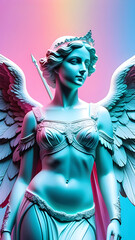 Angel girl statue in neon light on neon background.