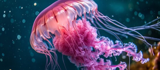 Obraz premium Pink jellyfish illuminated by sunlight through the rippled surface of the Red Sea.