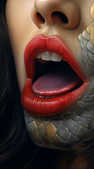 A close-up of a woman's mouth and snake scales