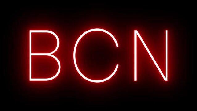 Red retro neon sign with the three-letter identifier for BCN Barcelona International Airport