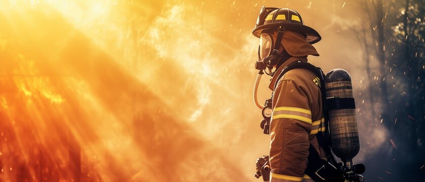 Heroic Firefighter Facing Blazing Inferno. Generative AI.