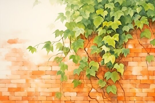 Watercolor orange brick stone wall with ivy moss vine leaves background hand-drawn illustration art