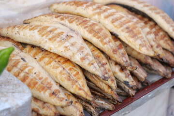 Baking and roasting fish on barbecue grill. 