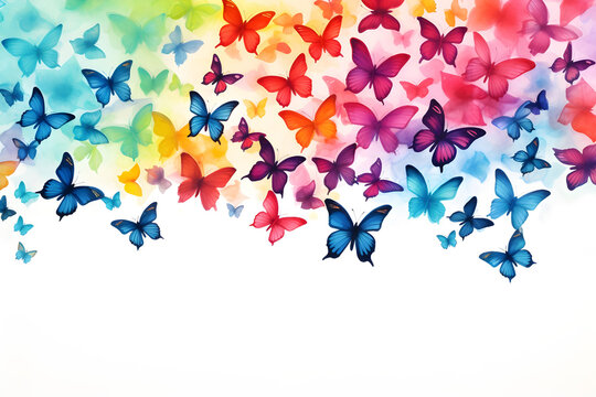 Watercolor colorful rainbow butterflies on white background for nature insect animal design theme