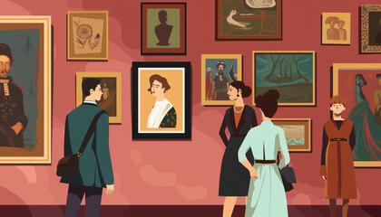 People visiting art museum. Horizontal illustration
