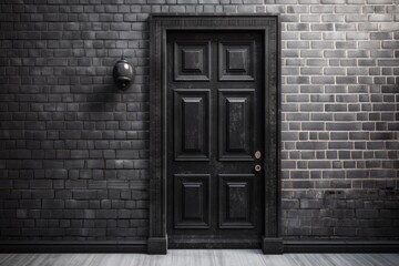 For a mockup in architecture and interior design, a black door is positioned against a white brick wall