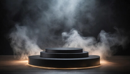 black podium engulfed in smoke on a dark background, perfect for montage and product display mock-ups, exuding an enigmatic and captivating ambiance