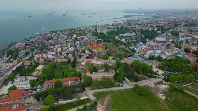 Blue Mosque and Hagia Sophia aerial view at Sultan Ahmet at Park in Sultanahmet district in historic city of Istanbul, Turkey. Historic Areas of Istanbul is a UNESCO World Heritage Site. 