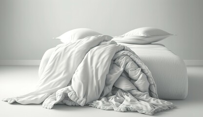 Fototapeta na wymiar White folded duvet lying on white bed background. Preparing for winter season, household, domestic activities, hotel or home textile