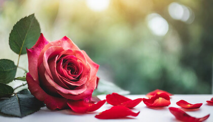 blooming rose on a pristine table, symbolizing love, beauty, and elegance