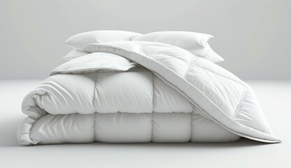 White folded duvet lying on white bed background. Preparing for winter season, household, domestic activities, hotel or home textile