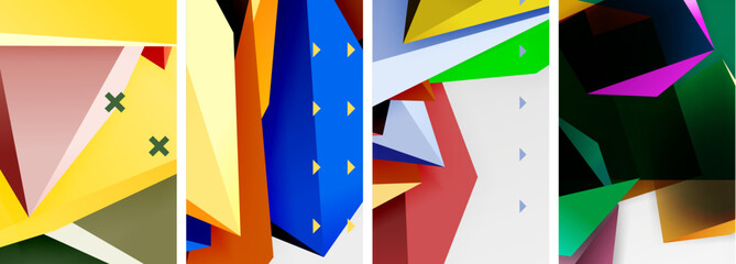 Trendy low poly 3d triangle shapes and other geometric elements background designs for wallpaper, business card, cover, poster, banner, brochure, header, website