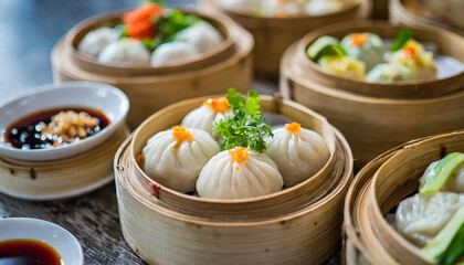 dim sum Chinese restaurant, featuring steaming bamboo baskets, chopsticks, and diners savoring...