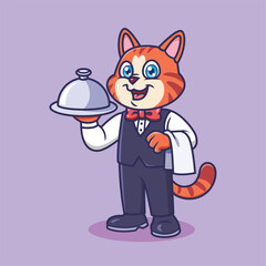 Cute Cat as Waiter animal cartoon character vector Illustration.
