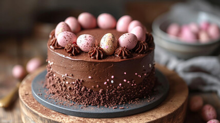 Elegant Chocolate Easter Cake Topped with Speckled Eggs on Wood