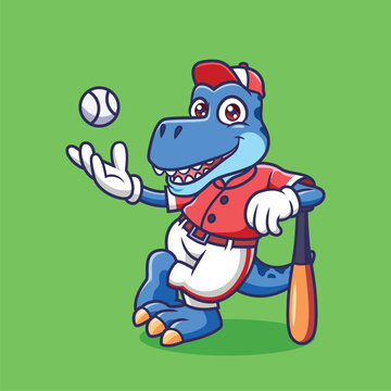 Cute rex Dinosaur as baseball player animal cartoon character vector Illustration.