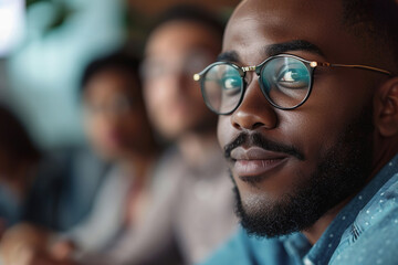 Young black man listening presentation in group meeting in office