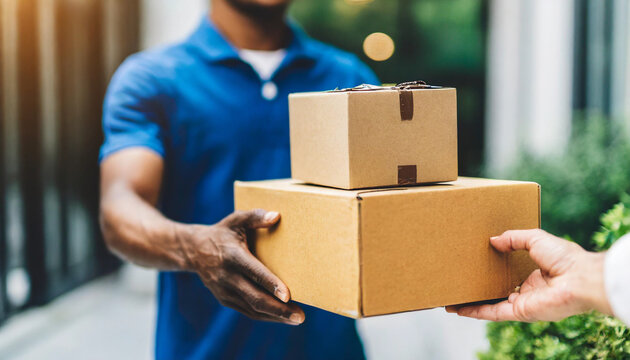 Delivery man's hands carefully present a parcel box, symbolizing reliable service and customer satisfaction in a dynamic, efficient, and trustworthy manner