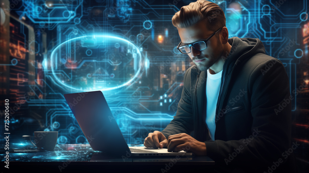 Poster software engineer or cyber security expert sitting at desk working on his laptop in futuristic techn