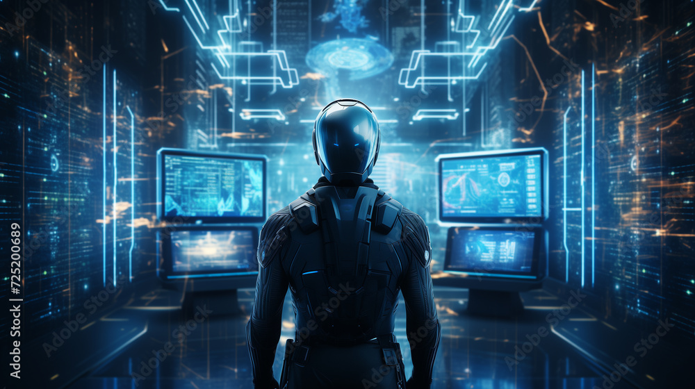 Poster modern humanoid robot standing in front of computer screens in a futuristic technology room, cyber s