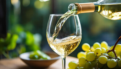 white wine being poured into a crystal wine glass, capturing the graceful motion and golden hues