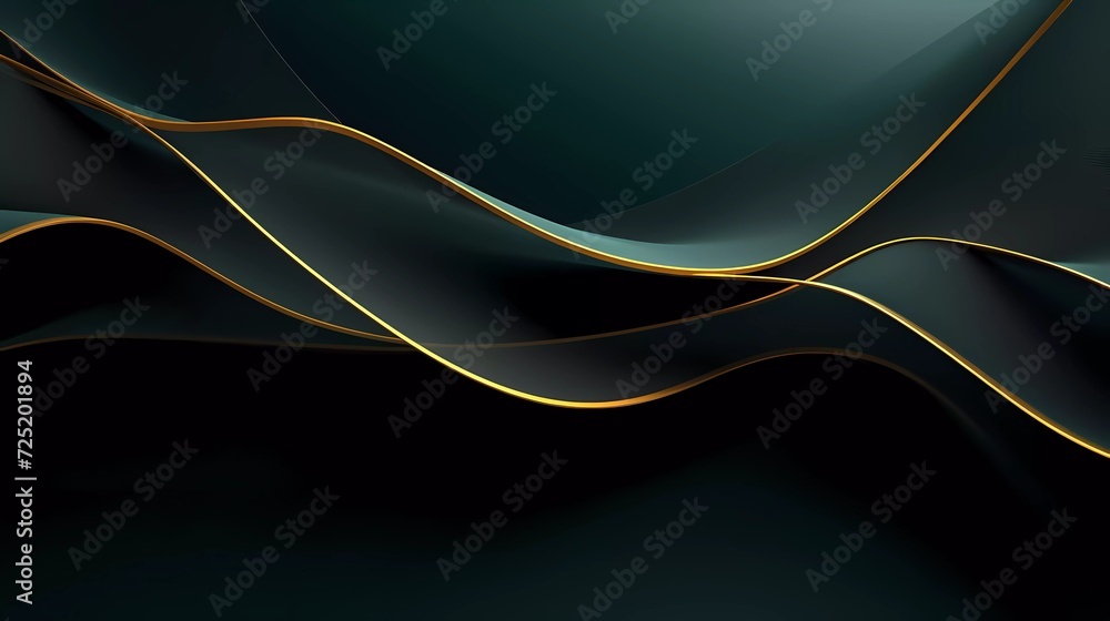 Poster abstract green background with net-shaped gold lines. generative ai