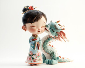cute cartoon 3D baby chinese girl in pastel cheongsam together nearing Dragon - 725202040