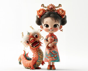 cute cartoon 3D baby chinese girl in pastel cheongsam together nearing Dragon - 725202087