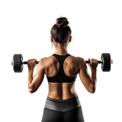Fitness, exercise and woman with dumbbell for workout, muscle training and body building. Gym, strong girl weight lifting on white background from back , isolated on transparent background