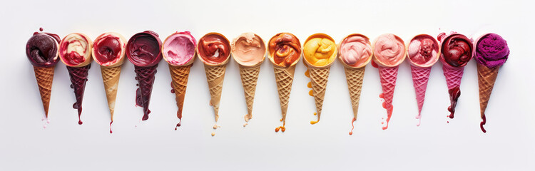 Row of delicious and colorful ice creams in edible tubs and cones. Banner of ice cream scoops of...