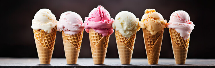 Row of delicious and colorful ice creams in cones. Banner of ice cream scoops of various flavors on black background. Generative AI.