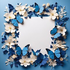 paper is surrounded by blue butterflies and flowers with a blue frame