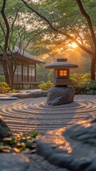 Zen garden at dawn, serene and peaceful. With meticulously raked sand surrounding it, a classic stone lantern takes front stage.