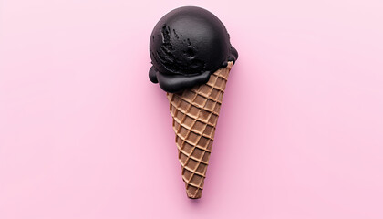 Delicious and creamy charcoal ice cream in waffle cone. Black ice cream scoop on soft pastel pink background with copy space for text. Generative AI.