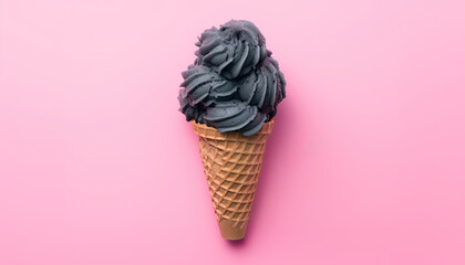 Delicious and creamy charcoal ice cream in waffle cone. Black or gray ice cream swirls on soft pastel pink background with copy space for text. Generative AI. - obrazy, fototapety, plakaty