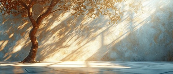 background of an empty beige stage with shadows cast by trees and leaves on the wall tiles