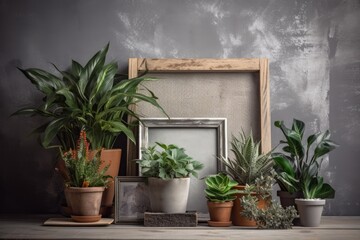 Green houseplants and flowers in a container are displayed in a wooden vertical frame against a gray concrete wall. Template for a mockup of your design and text