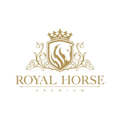 Golden Horse logo design. Elegant and luxury horse logo concept. Vector logo template. luxury premium vector logo with golden