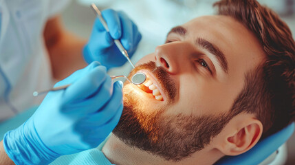 modern clinic or hospital getting handsome adult man client patient Dental care, and receiving cosmetic health Dental care - obrazy, fototapety, plakaty