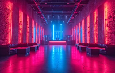 A futuristic nightclub with vivid, abstract lighting fixtures