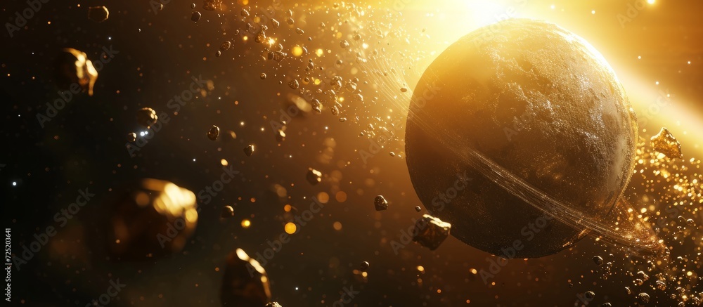 Aufkleber unknown planet in deep space with asteroids and gold particles in 3d illustration.