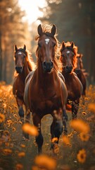 a group of horses galloping across a field,