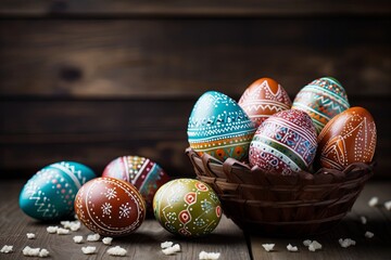 Easter eggs painted in basket nest on wooden background. Easter day. presentation. advertisement. copy text space.