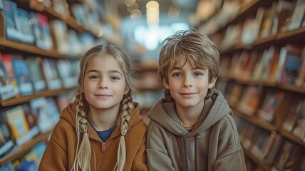 Obraz premium Two kids enjoying themselves in a book-filled library or bookstore.