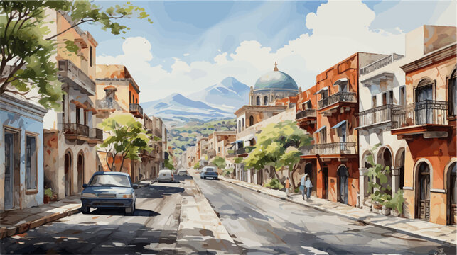 Street view in Mexico, watercolor background illustration