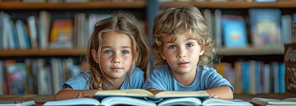 Two kids enjoying themselves in a book-filled library or bookstore.