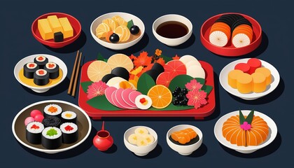 Celebrating Japanese Tradition with Osechi: New Year’s Dish Vector Illustration