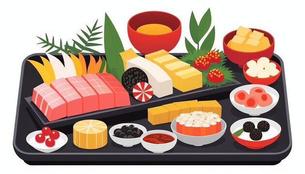 Osechi: Japanese New Year’s Dish in Modern Flat Style Vector Illustration